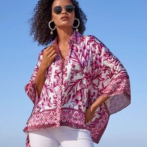 NWOT Boston Proper Bella Vita Border Print Roxy Charmeuse Poncho Top Blouse S/M
